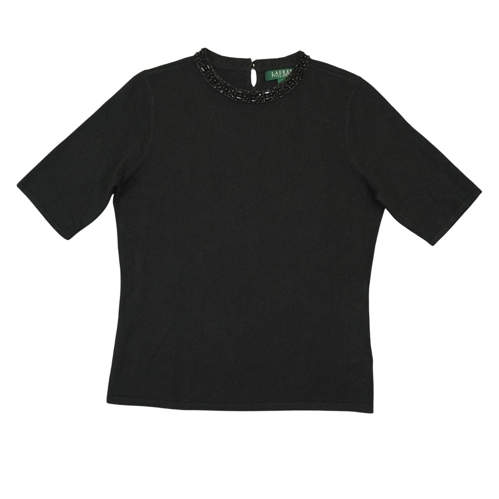Lauren Ralph Lauren Shirt Women PM Black Silk Cashmere Beaded Short Sleeve Top